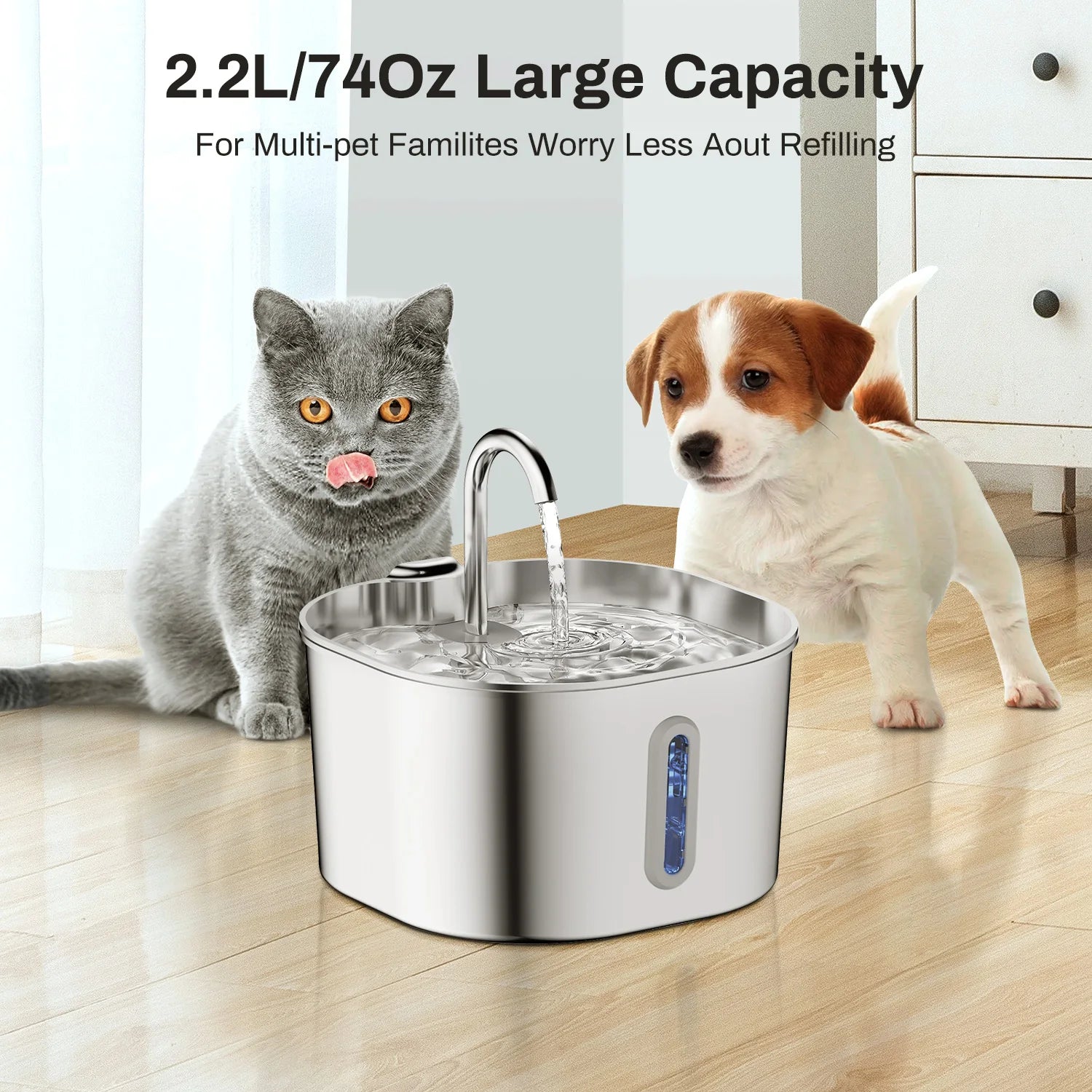 Elevate Your Pet's Hydration: 2.2L Stainless Steel Automatic Water Fountain - No Plug Needed!